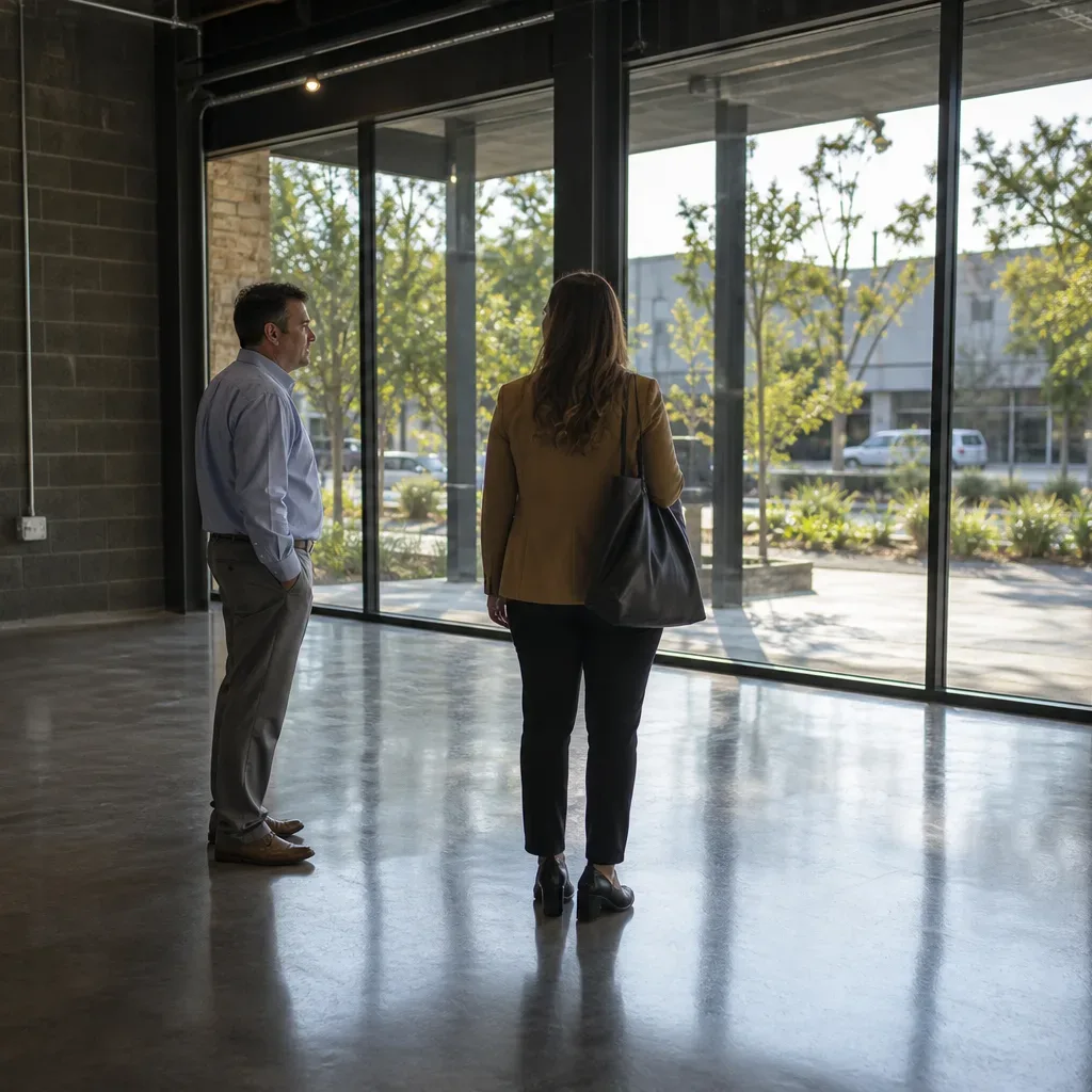 A commercial real estate broker walks a property investor across the truck court of an Austin industrial building