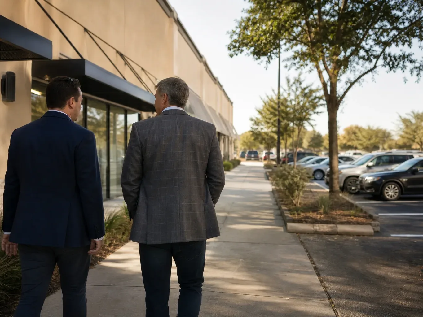 A property investor examines the exterior of an Austin strip center being relinquished in a 1031 exchange