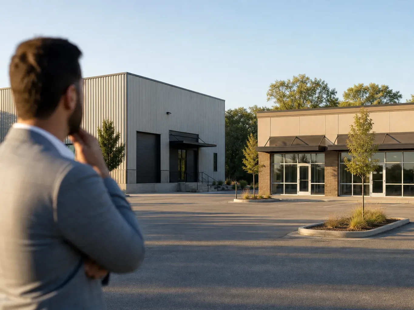 A commercial broker and an investor walk the perimeter of a candidate Austin replacement property