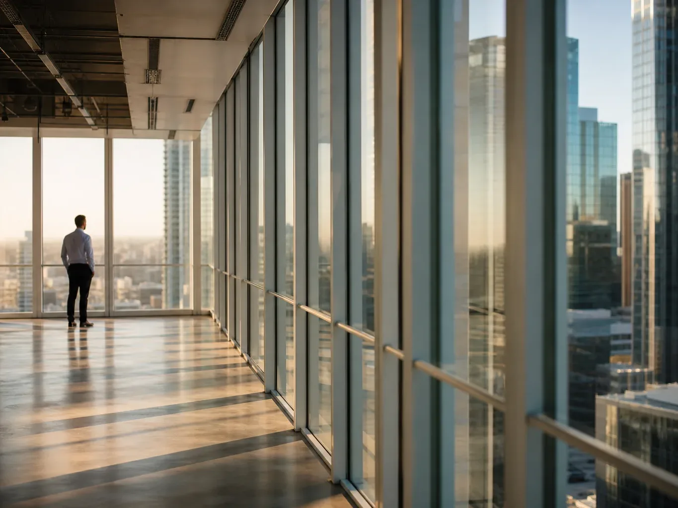 A stone-floored elevator lobby in an Austin office tower is seen from the entrance threshold