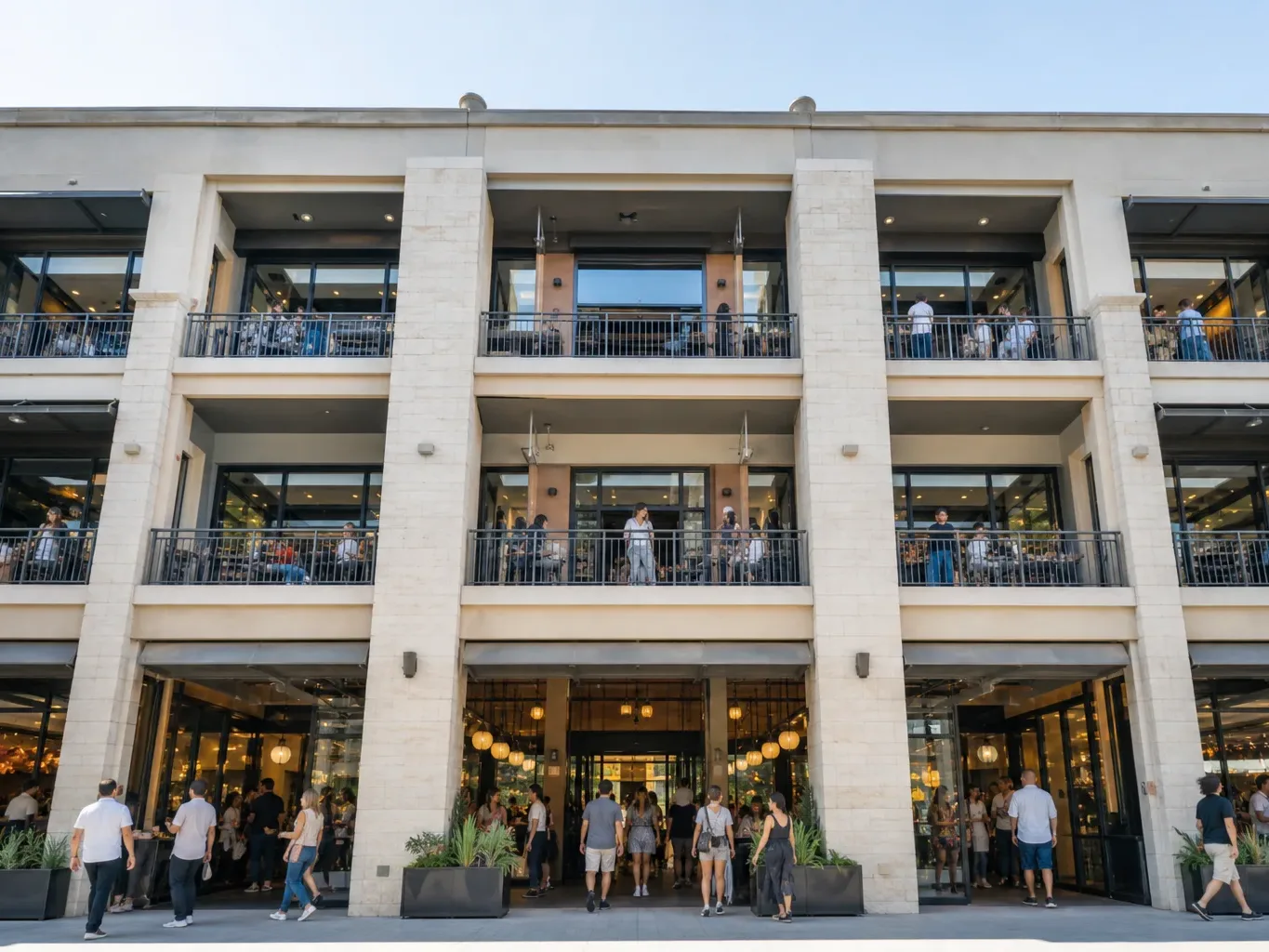 A stabilized Austin retail strip center is viewed from the front of its surface parking lot