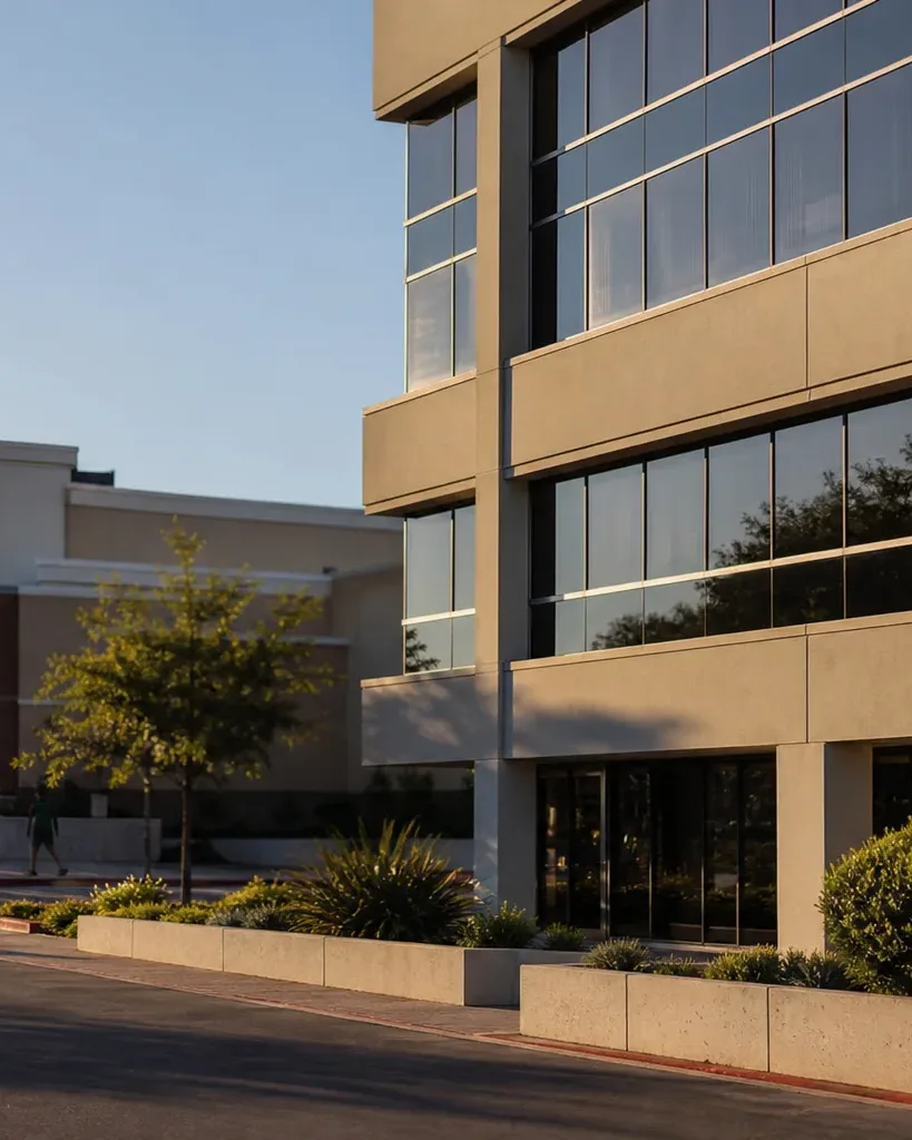 A property investor examines two adjacent Austin commercial buildings from the shared parking lot