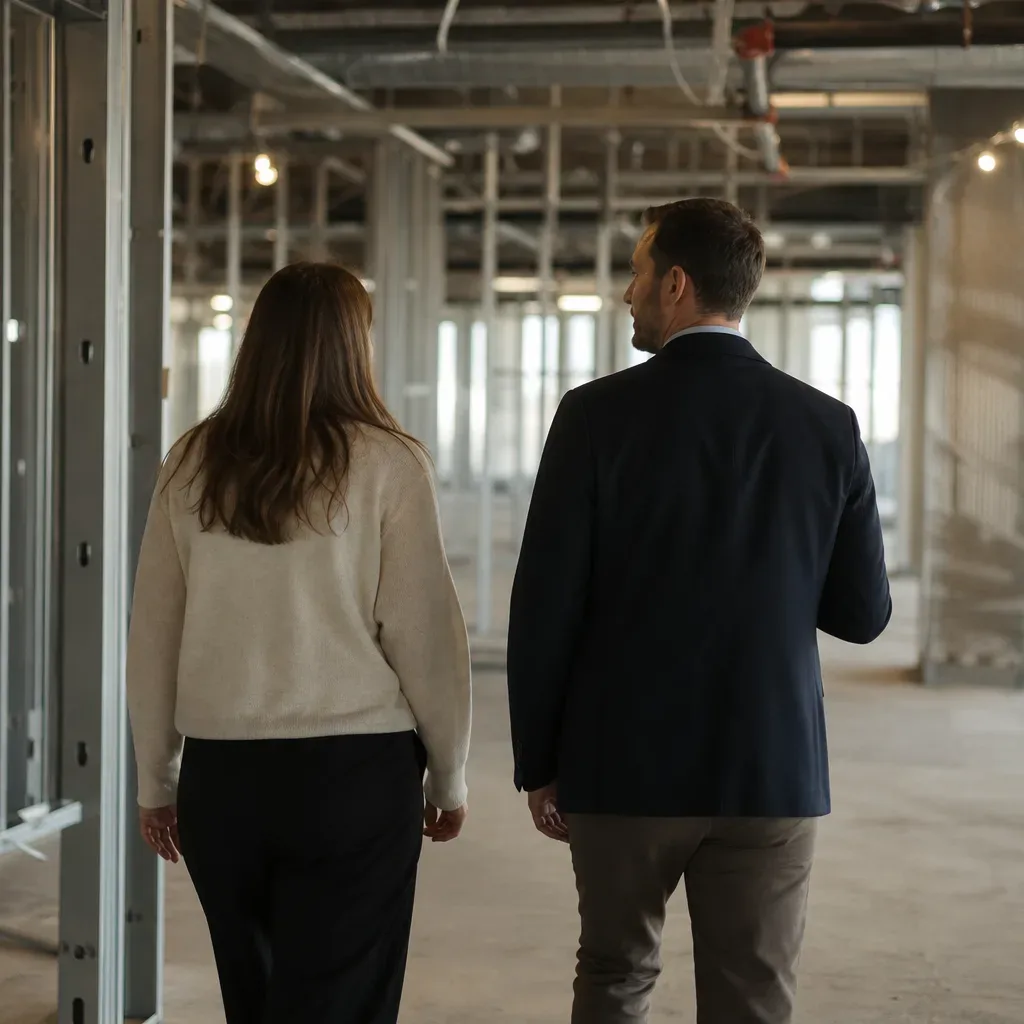 A tenant improvement build-out in progress fills a vacant Austin office suite with steel studs and partial drywall