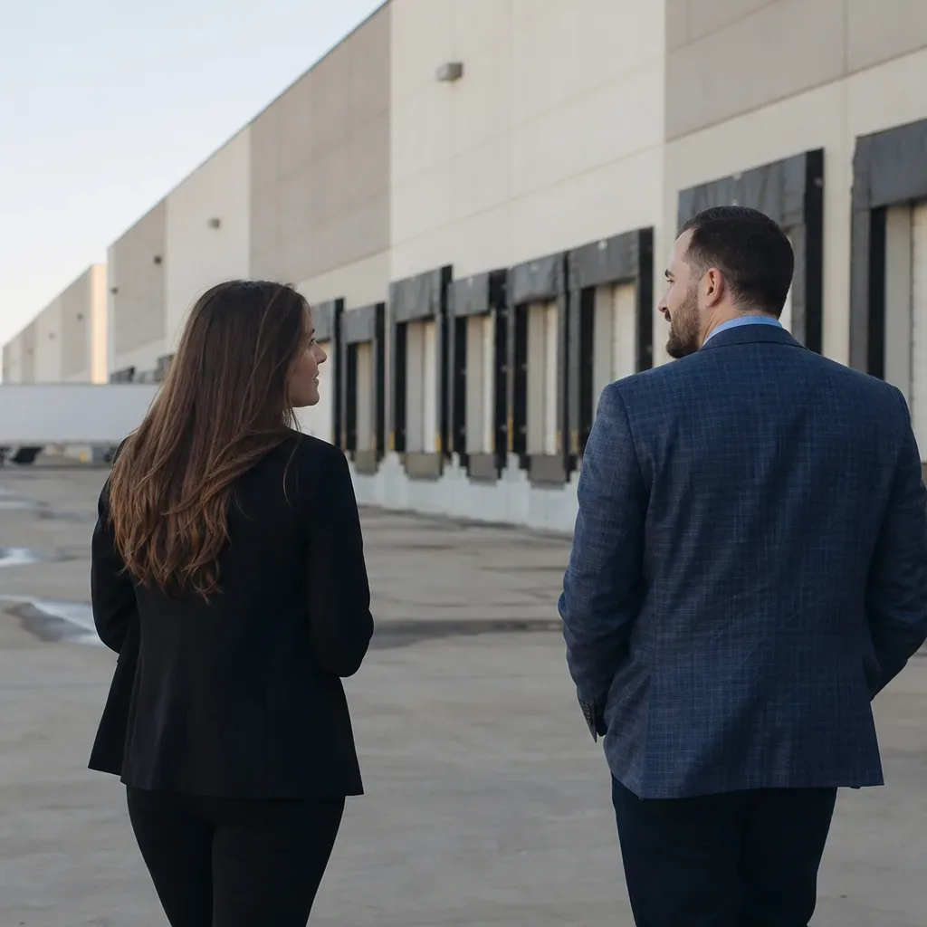 The interior of a large-format Austin fulfillment warehouse shows high-bay racking rows converging toward the far wall