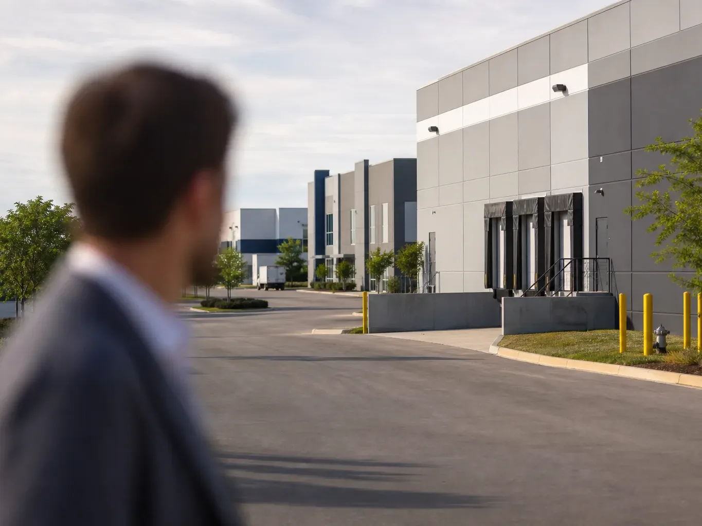 A flex building exterior along an Austin industrial corridor shows the smaller-bay configuration used by precision equipment