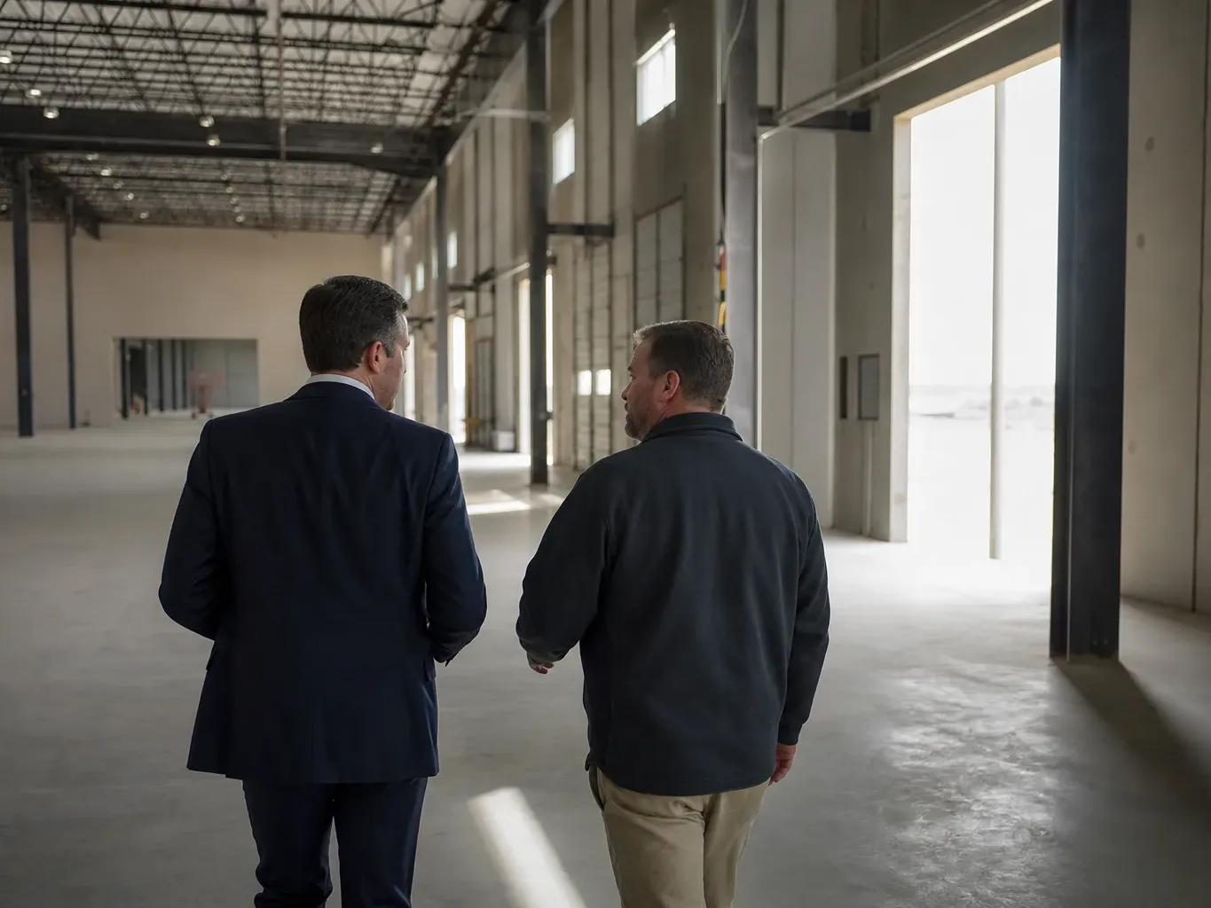 A construction manager in a hard hat walks the floor of a new Austin industrial building mid-fit-out