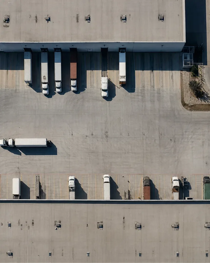 A suburban Austin business-park drive in the northeast quadrant runs between two rows of large tilt-wall industrial buildings