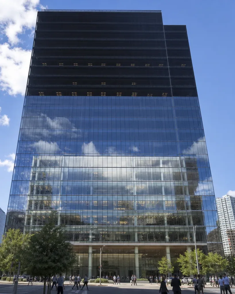 The glass-curtain-wall facade of an Austin Class A office tower is seen from the street below