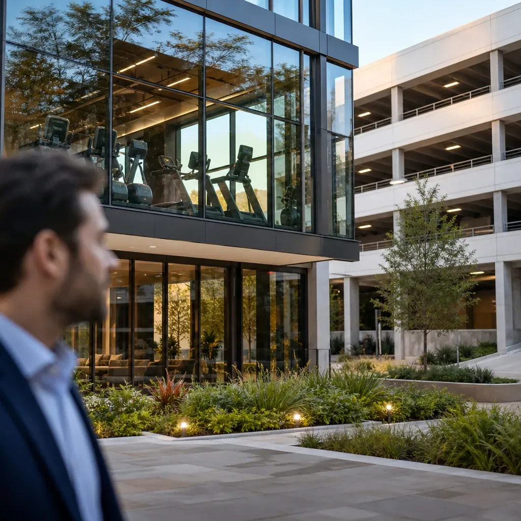 The stone-floored elevator lobby of a Class A Austin office tower is bathed in overhead recessed light