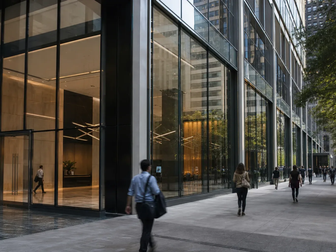 A glass-curtain-wall office tower anchors a downtown Austin block