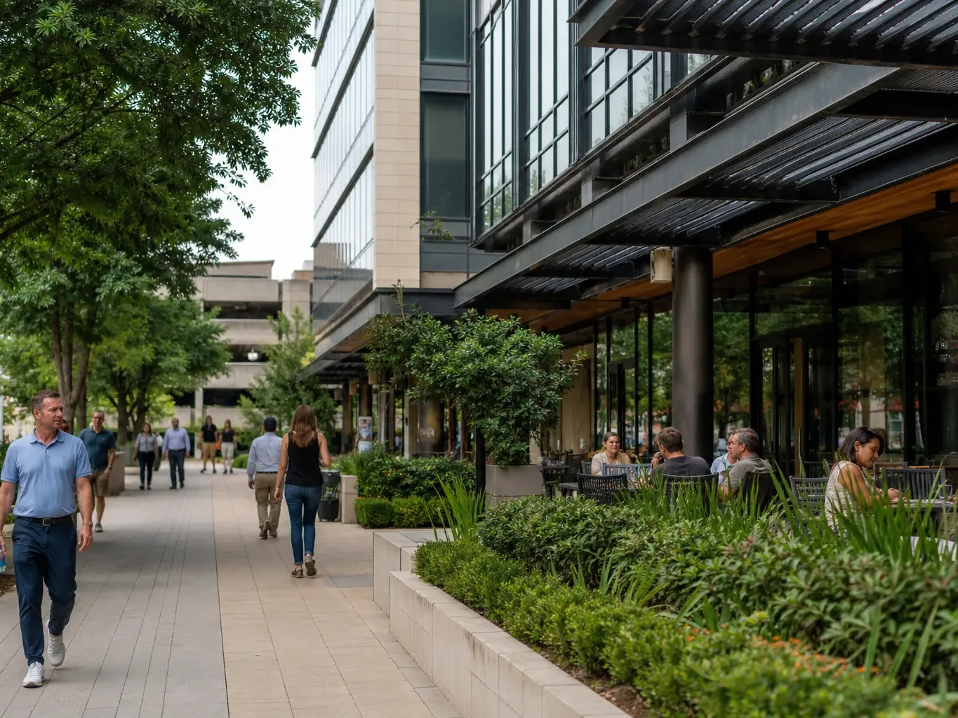 The retail corridor of a North Austin mixed-use hub shows activated ground-floor commercial tenants beneath newer Class A
