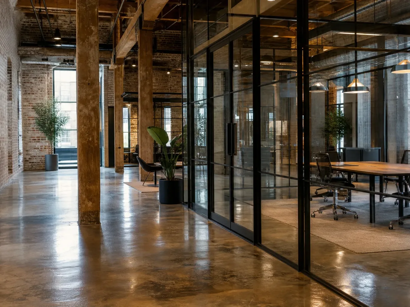 Exposed brick and timber frame an occupied creative office suite in an East Austin converted warehouse