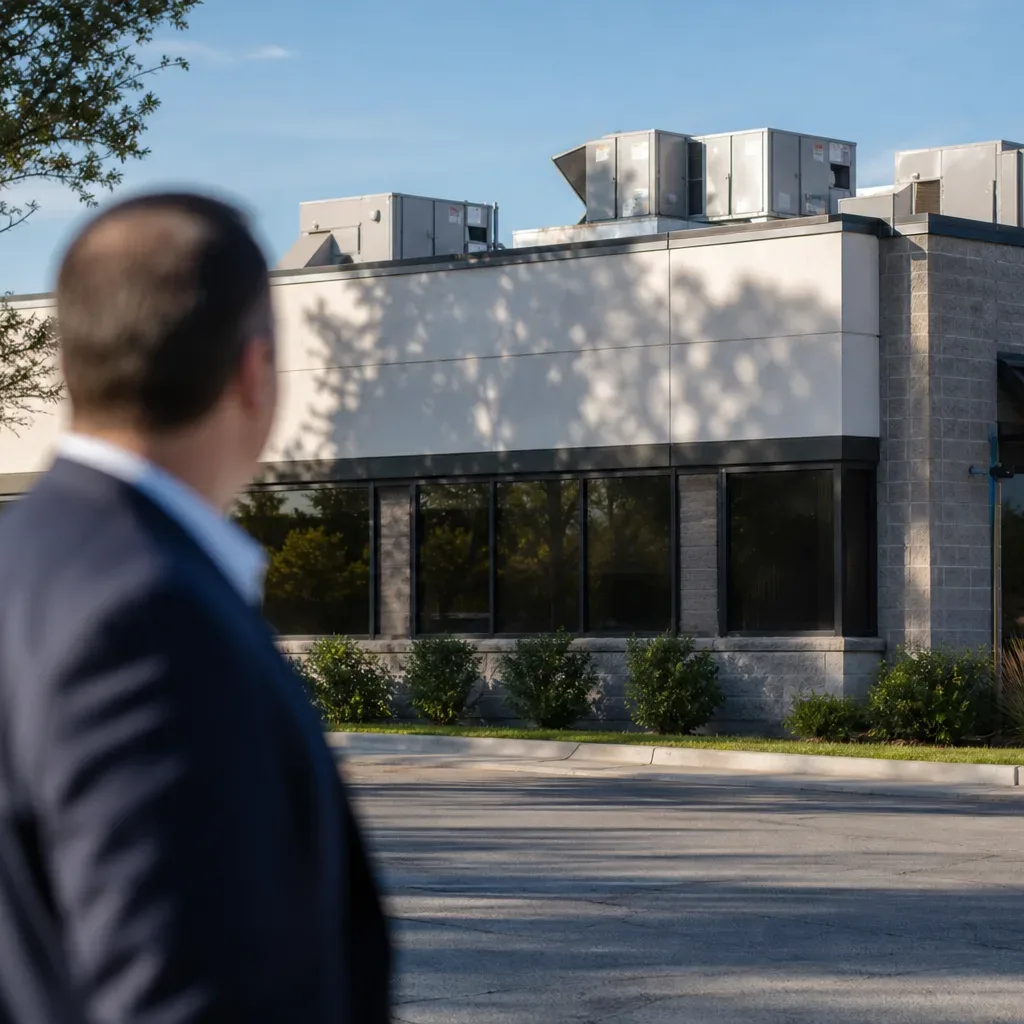 A business owner inspects the mechanical systems of a vacant Austin commercial suite