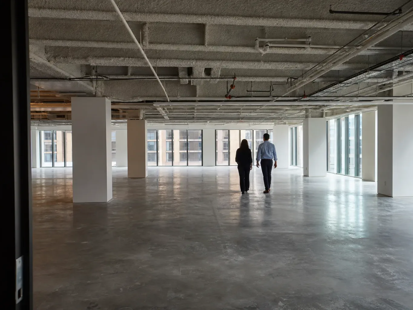 An empty open-plan office floor with exposed ceiling structure is seen from the entry door