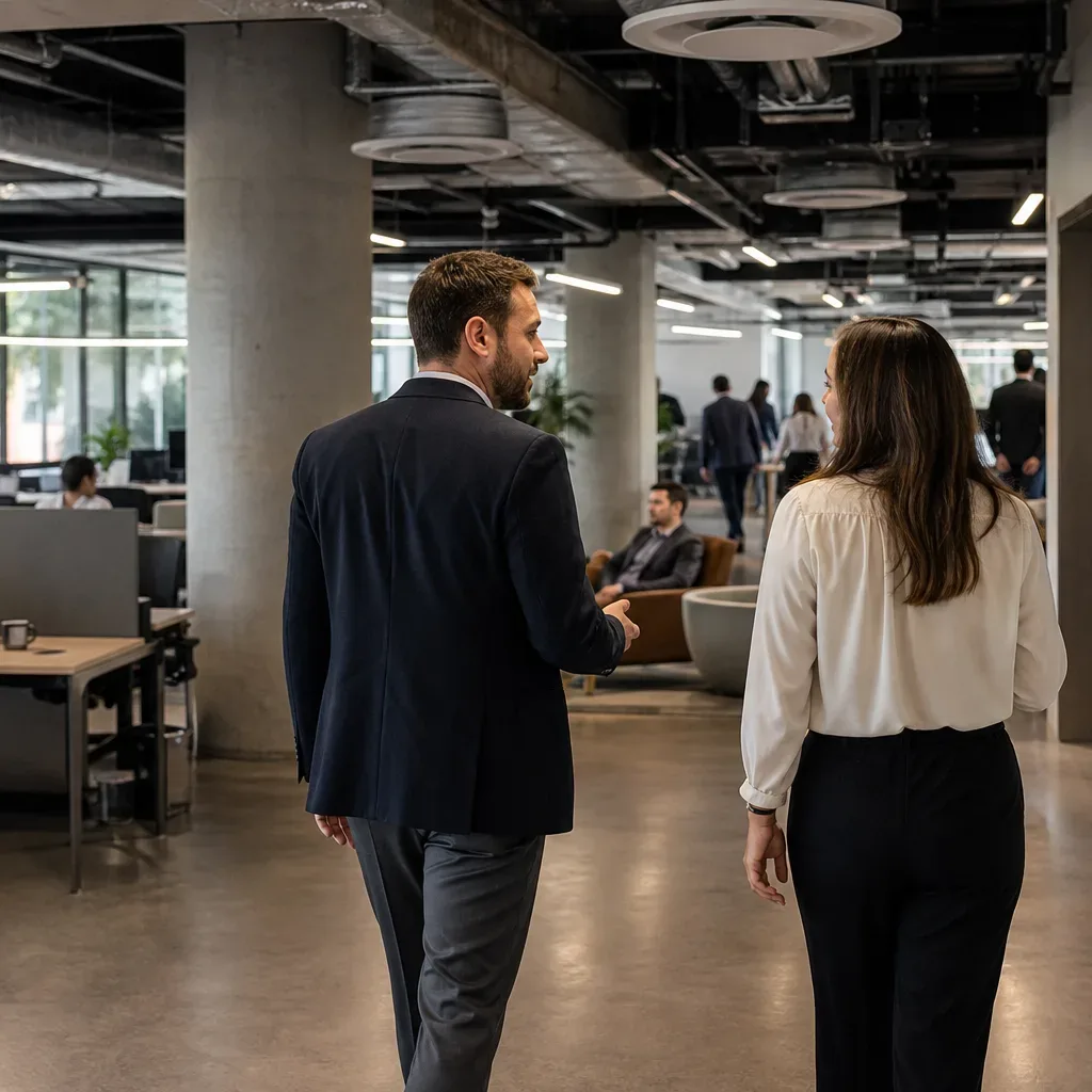 A leasing agent and a prospective tenant walk the perimeter of an Austin mid-rise office floor during a tour