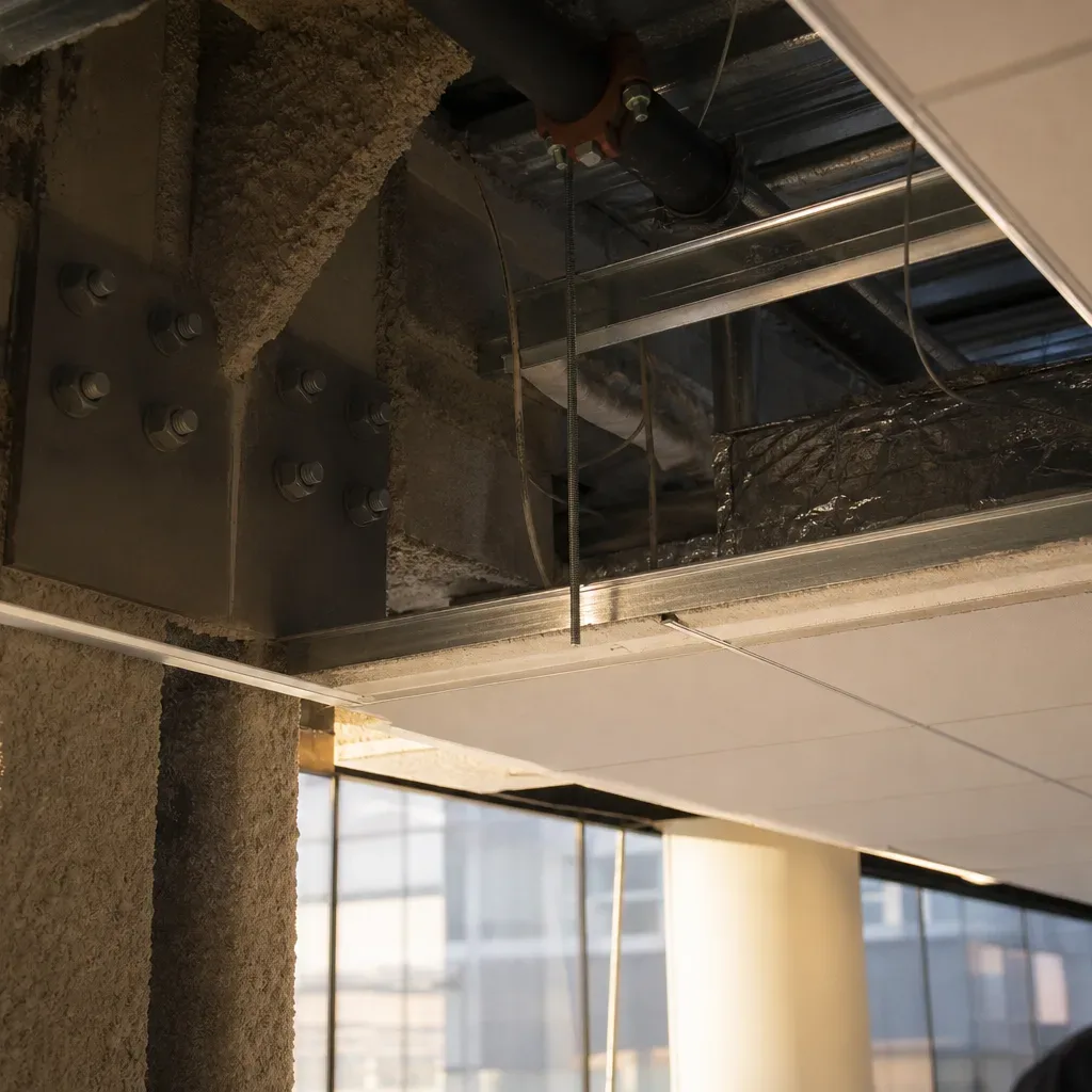 The stone-floored elevator lobby of an Austin office tower is visible from the building's main entry