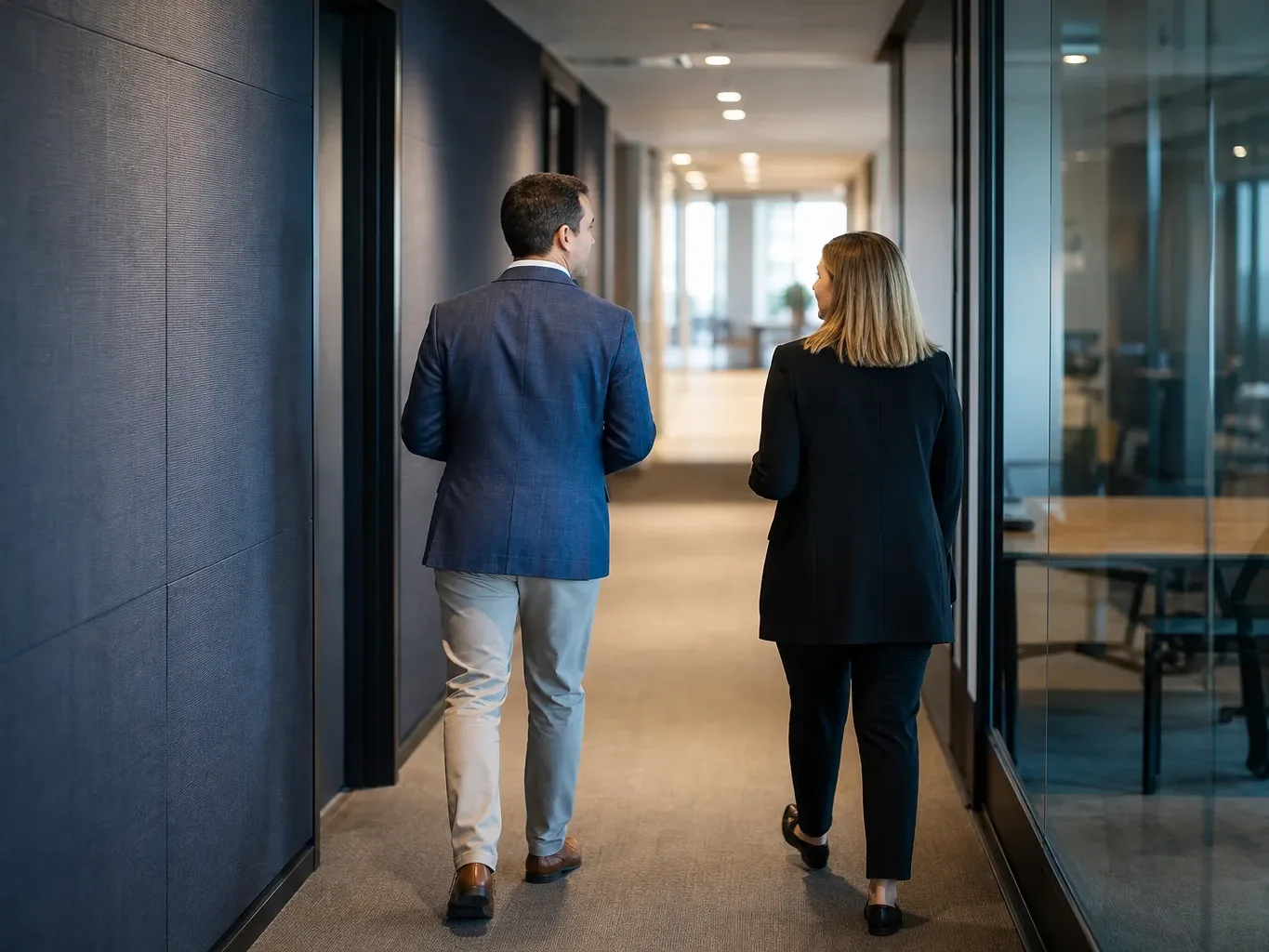 A property manager and an Austin commercial building owner walk an occupied office floor together