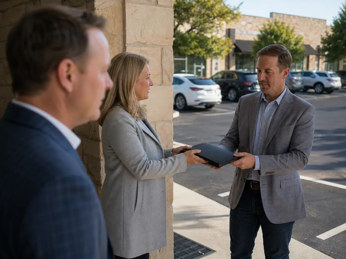 An incoming property manager walks a multi-tenant Austin retail building with the previous owner during a handoff walkthrough
