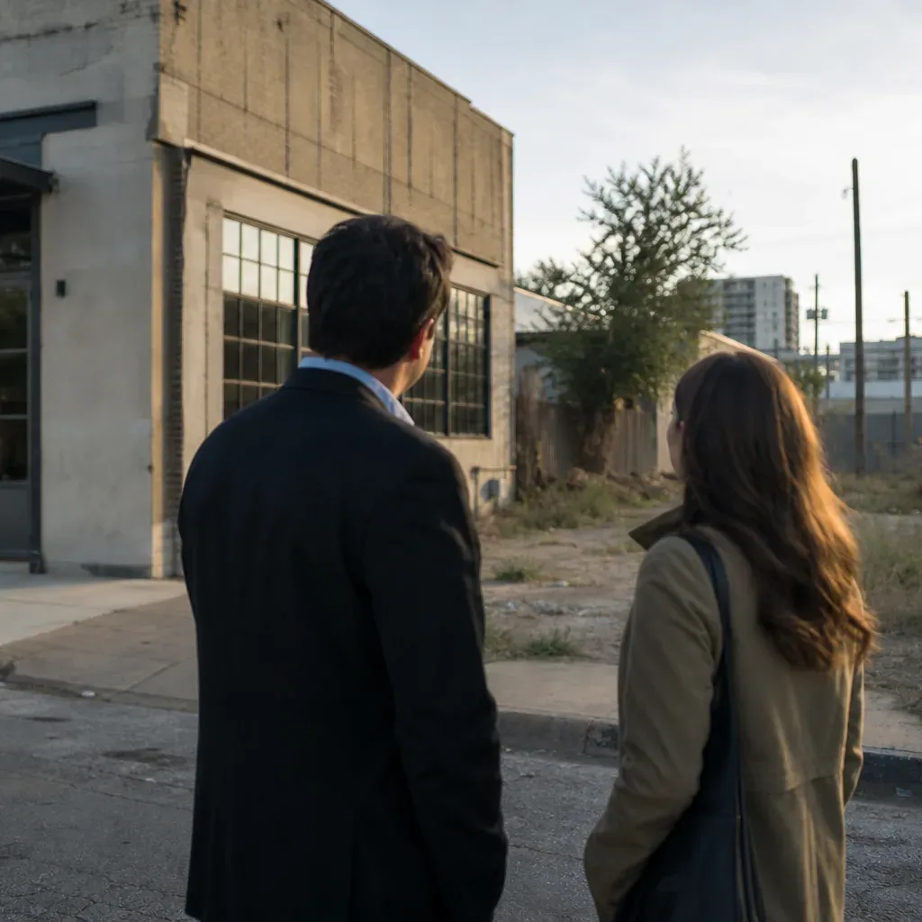 A property investor walks the street frontage of an Austin mixed-use block