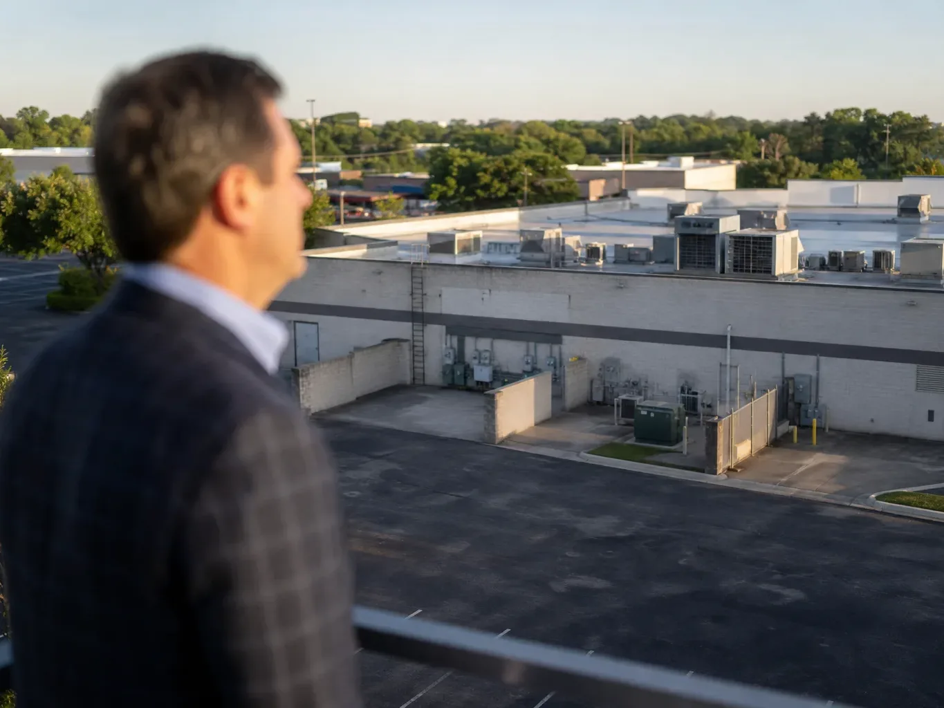 HVAC units on the flat commercial roof of an Austin office building are seen from the rooftop access