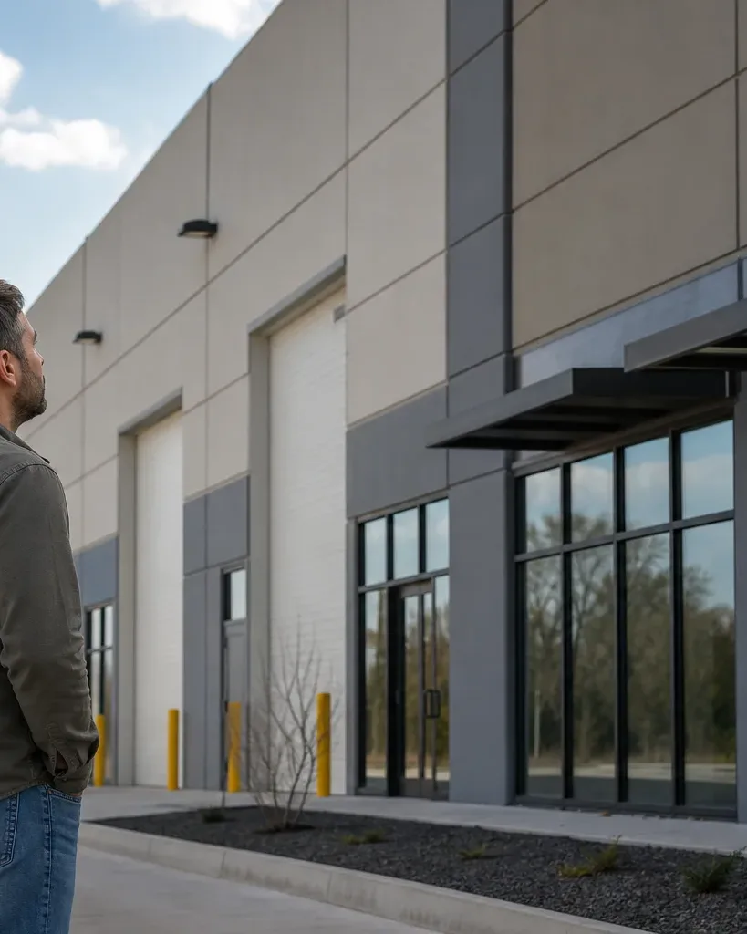 An owner-occupant business operator inspects the exterior of a small Austin tilt-wall industrial building