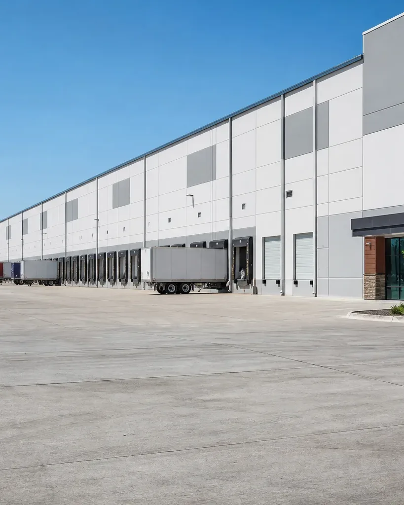A national-credit-tenant Austin retail center is viewed from the truck-access side