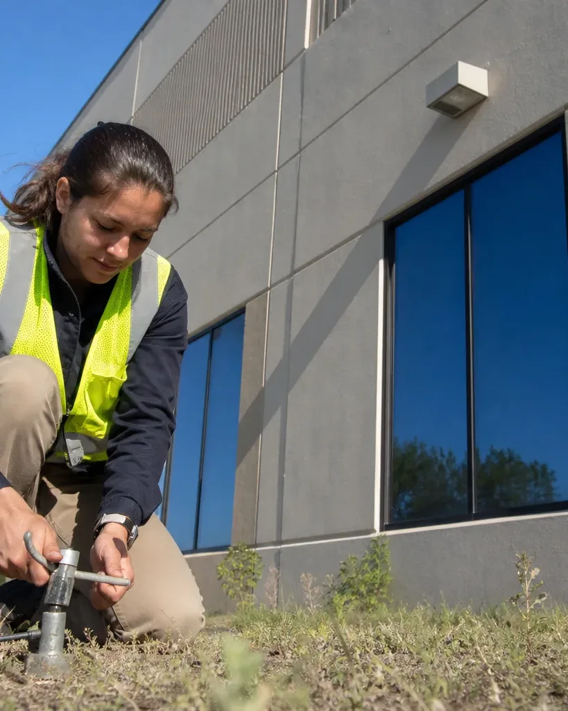 A construction manager in a hard hat reviews an Austin industrial building's mechanical room during the due diligence window