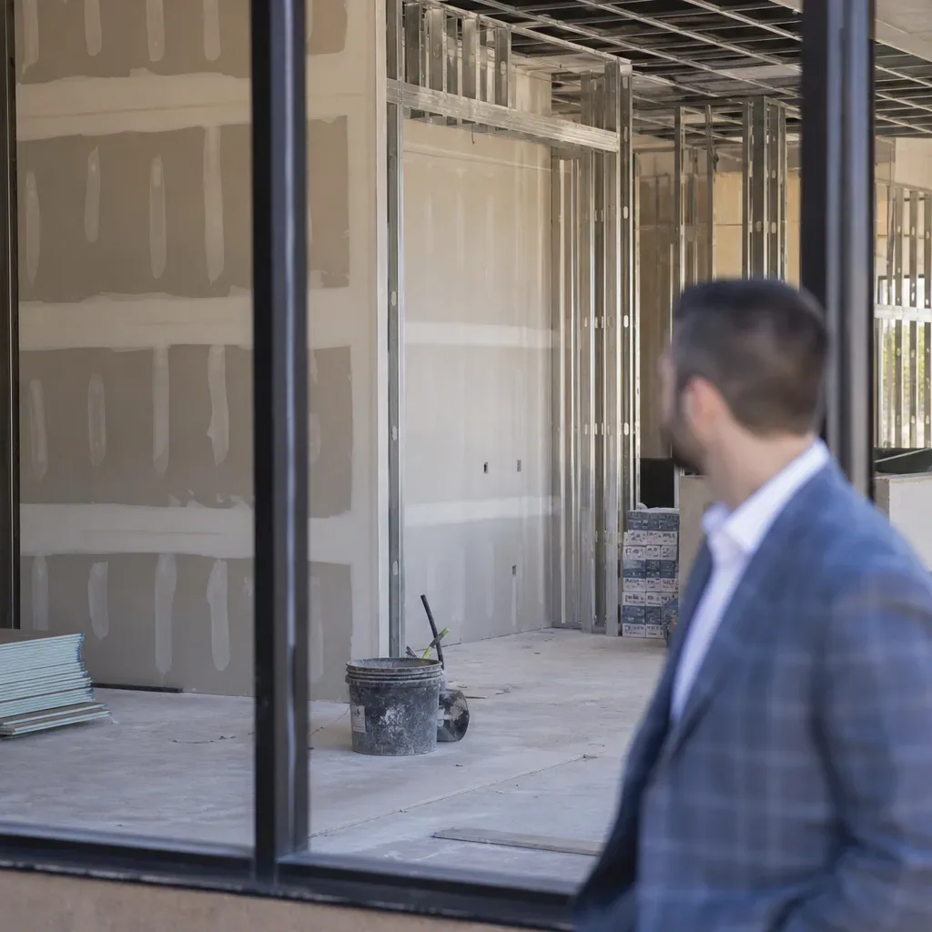 A leasing agent walks a business owner through an open-plan office floor with exposed ceiling structure