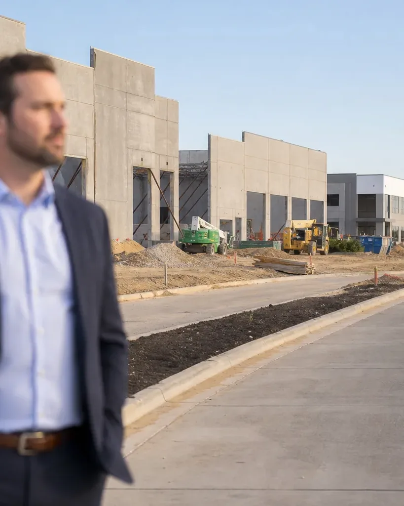A tilt-wall industrial building exterior along an Austin outer-ring corridor is seen from the truck court