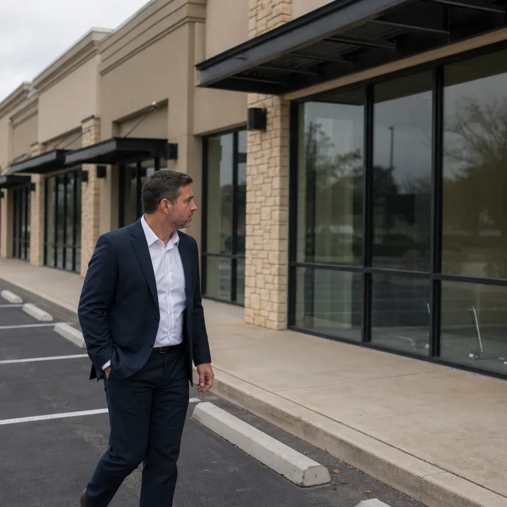 A property investor in business attire walks the perimeter of a multi-tenant Austin retail strip center