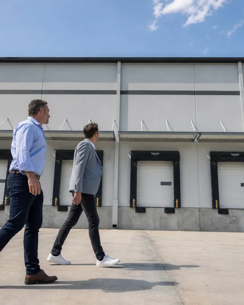 A property manager and an investor do a walkthrough of a vacant Austin industrial floor