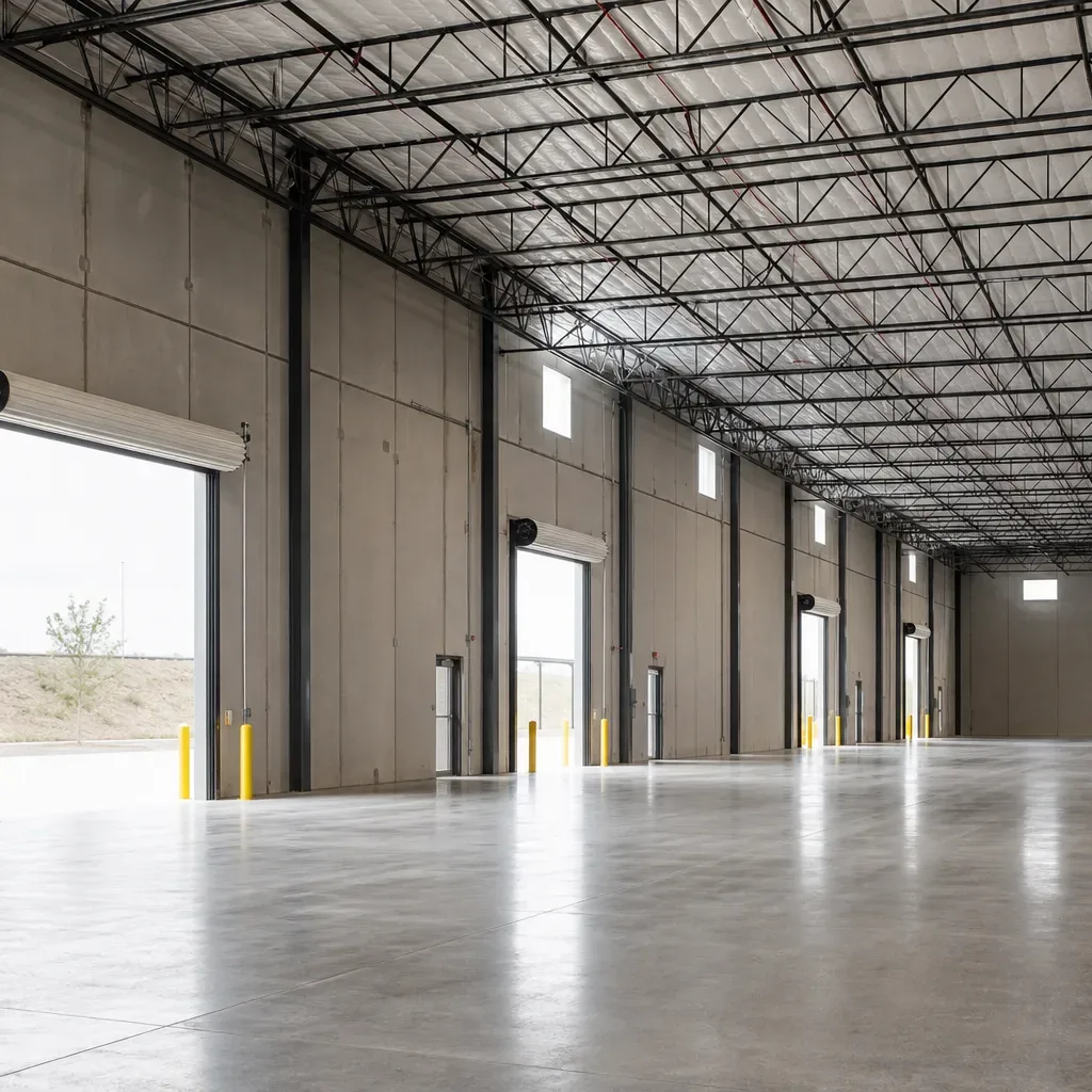 Loading dock doors on an Austin industrial building front a wide concrete truck court