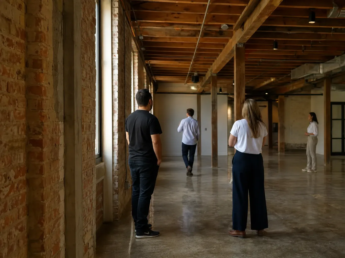 Exposed brick and timber line the walls of a vacant creative office suite in an East Austin converted industrial building