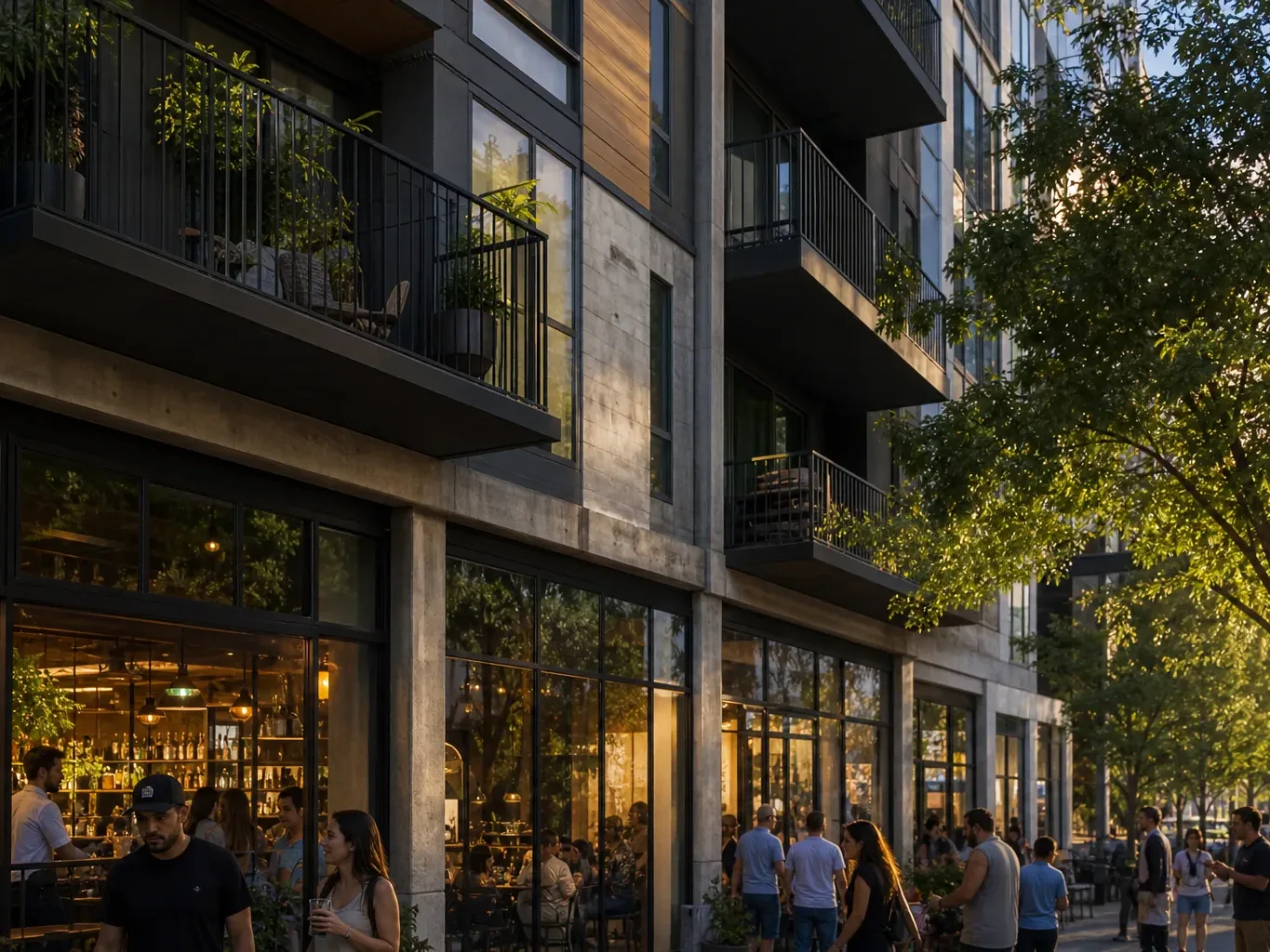 A walkable Austin urban block lined with ground-floor retail beneath mid-rise office floors is photographed from the sidewalk