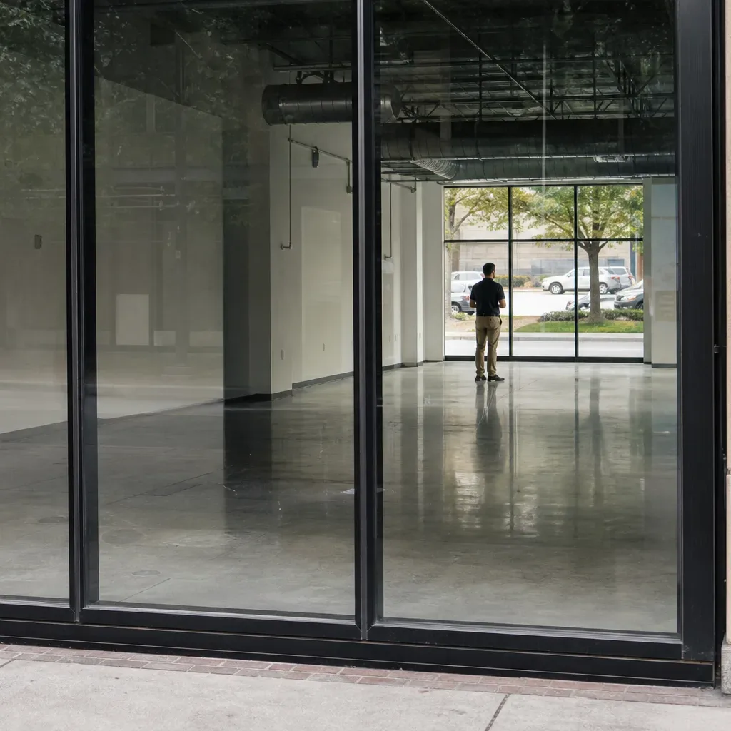 The interior of a vacant ground-floor retail suite in an Austin mixed-use building is seen through its storefront glazing