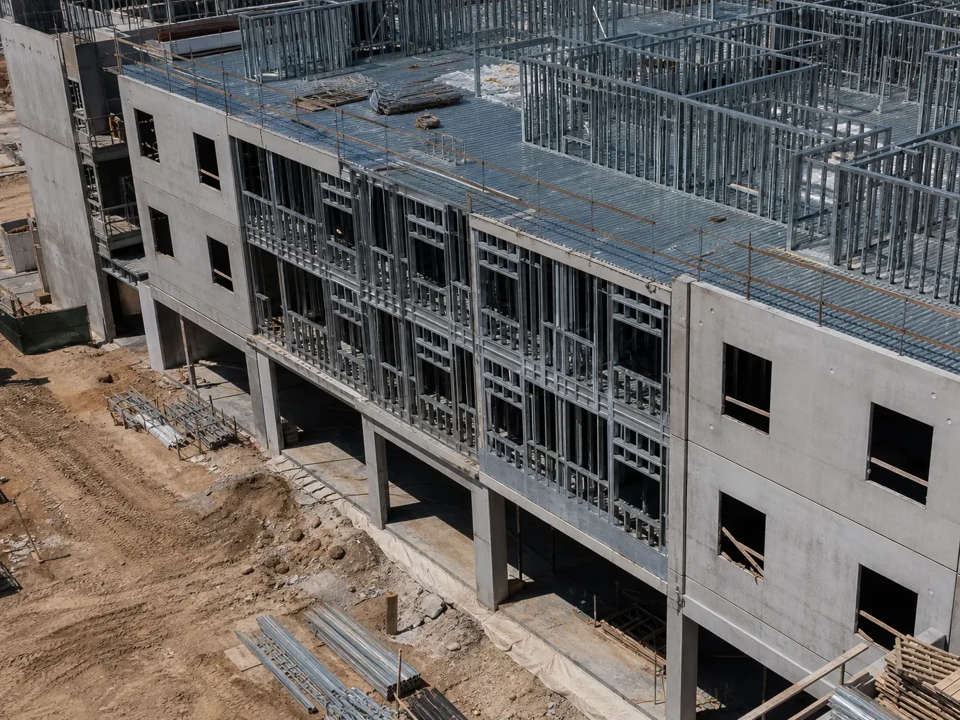 A mid-rise Austin mixed-use building under active development rises at a prominent East Austin intersection