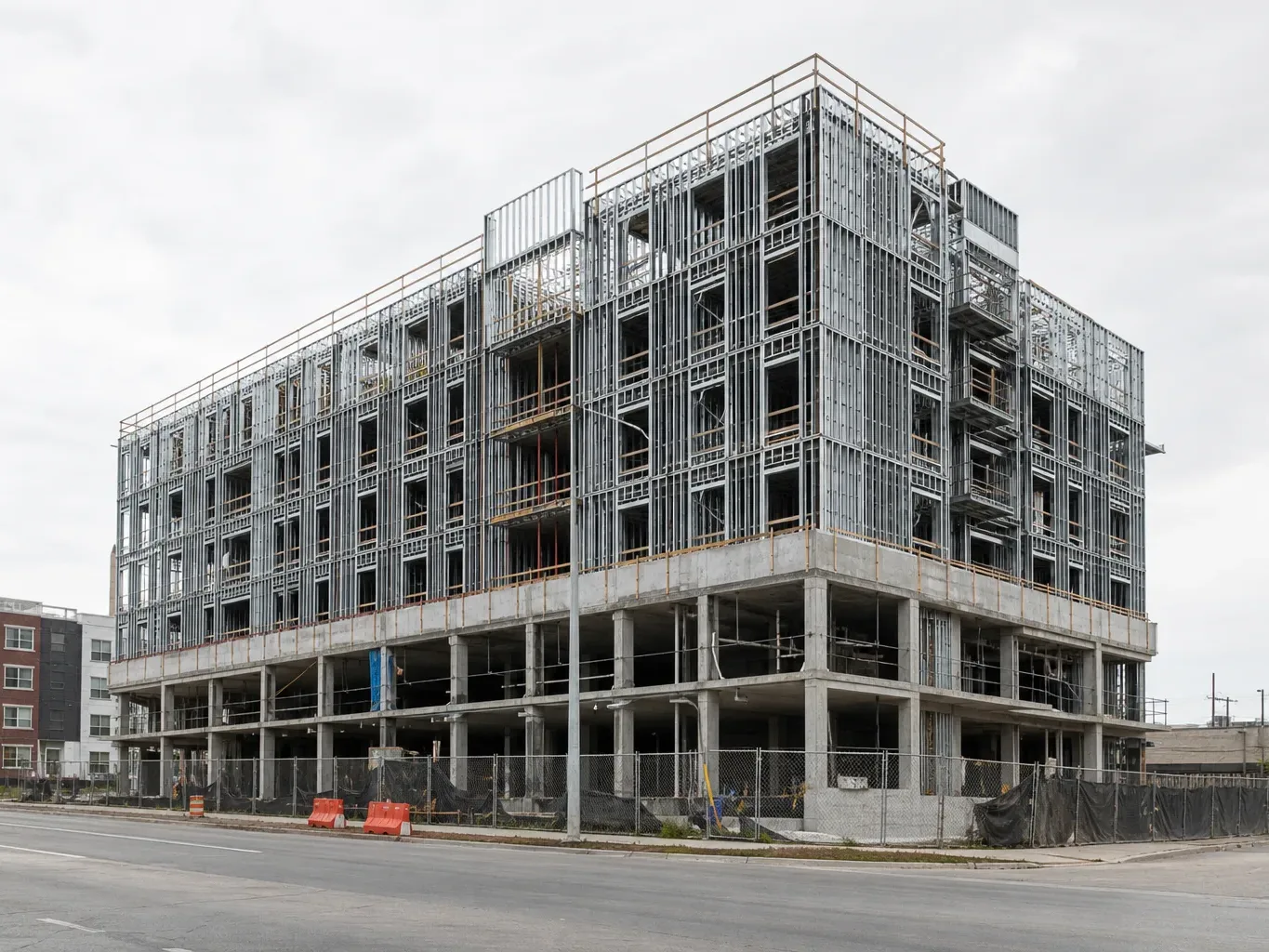 A landscaped courtyard of a completed Austin mixed-use block is seen from the ground level