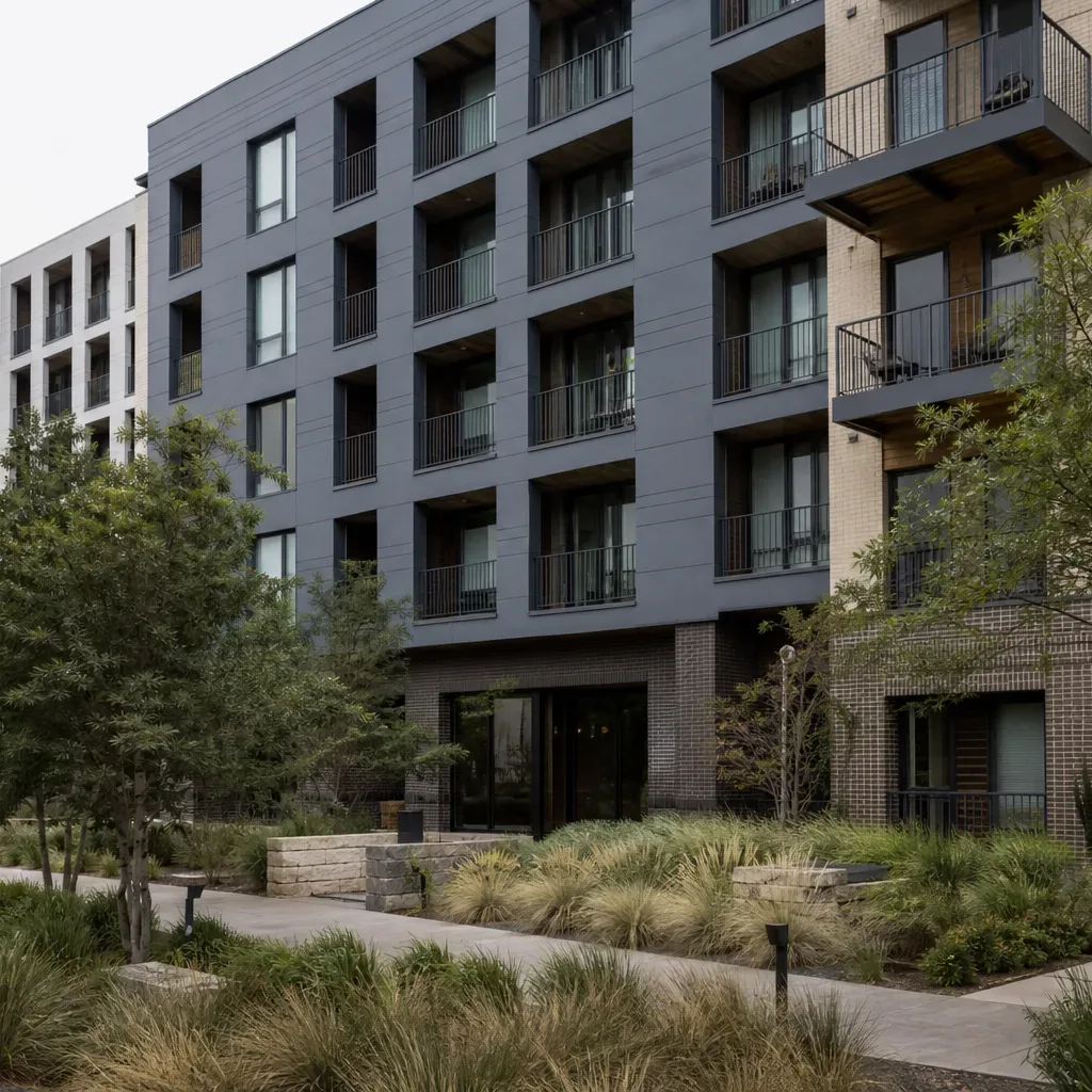 A garden-style apartment complex in an Austin suburban submarket is seen from its landscaped entry drive