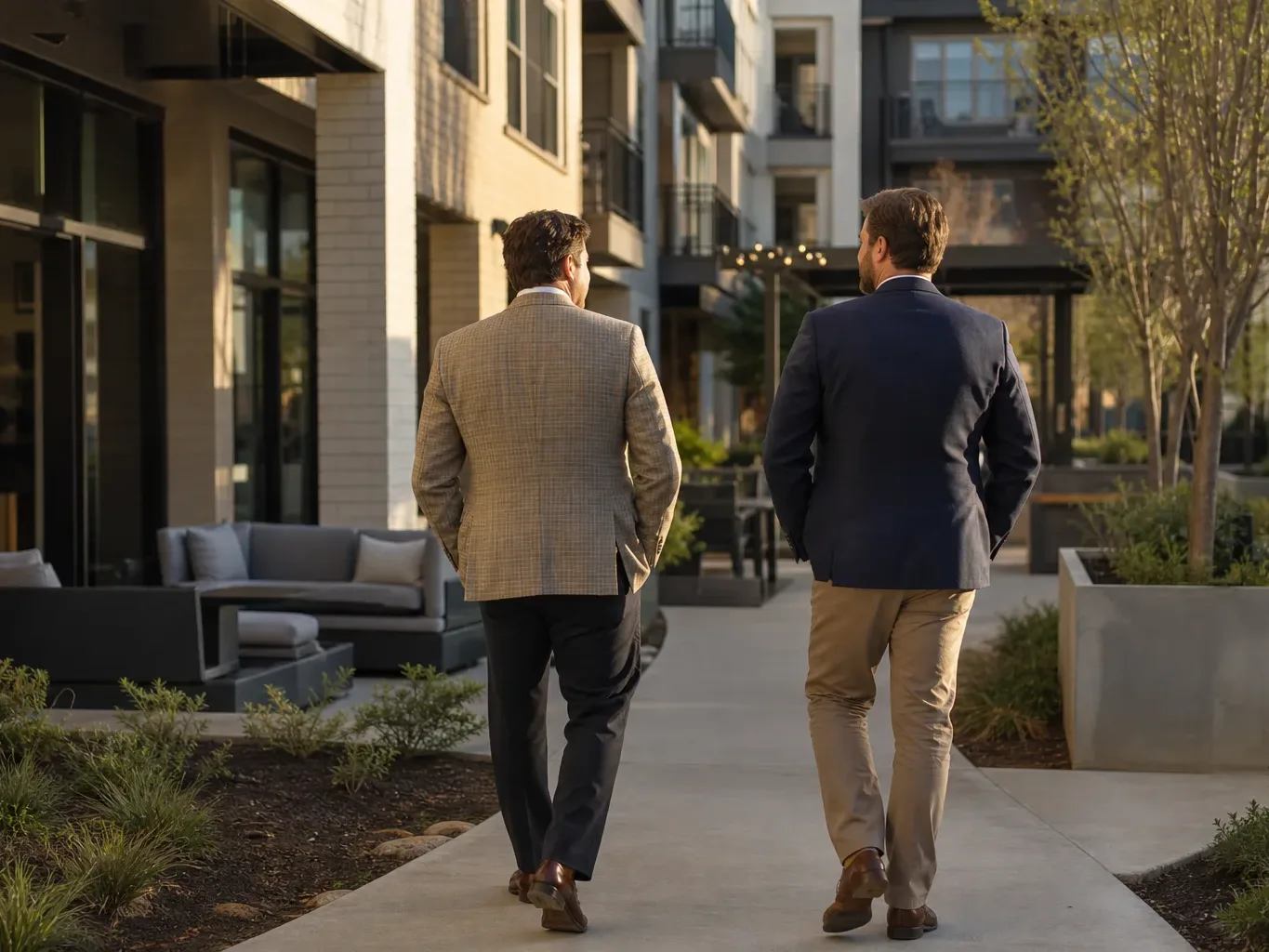 A property investor reviews the exterior of a stabilized Austin mid-rise apartment building from the adjacent parking