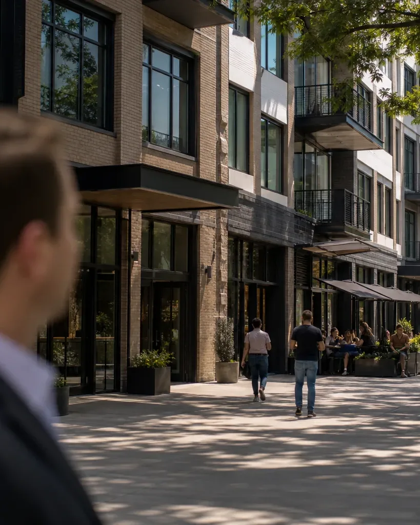 A mid-rise Austin multifamily building sits at the edge of a walkable mixed-use block