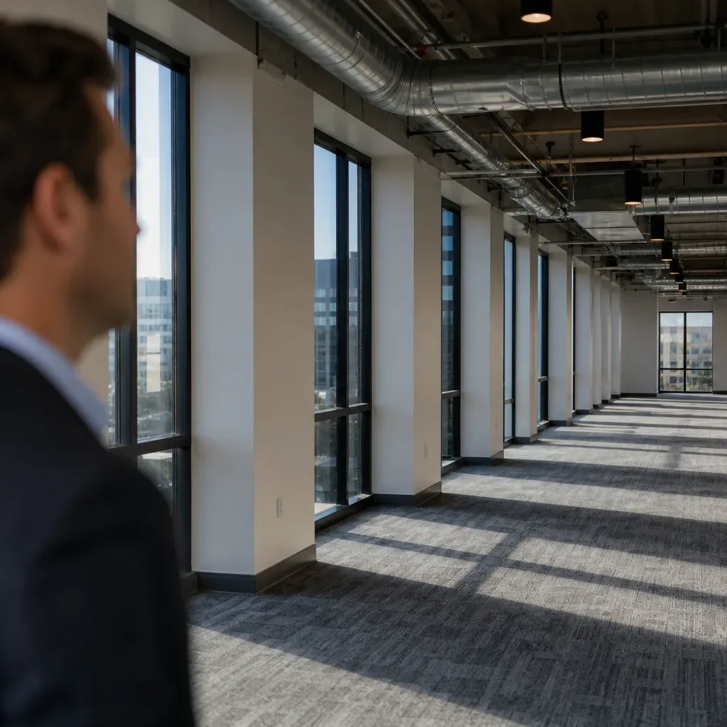 An empty Austin office floor with exposed ceiling structure stretches toward the window wall