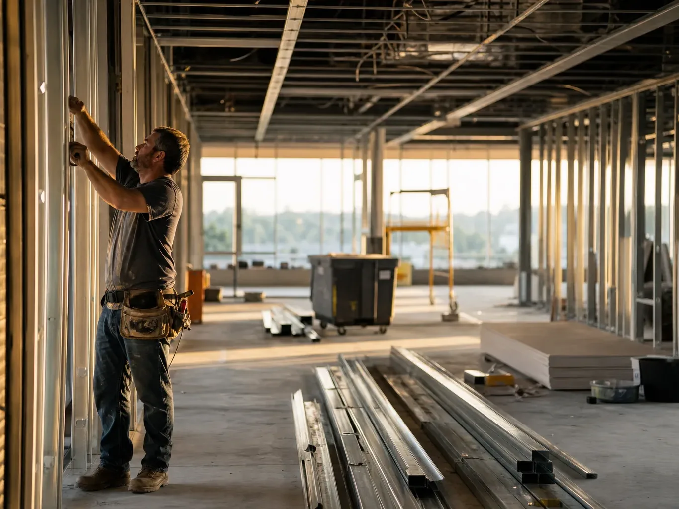 Steel studs and drywall in progress fill a vacant Austin office suite