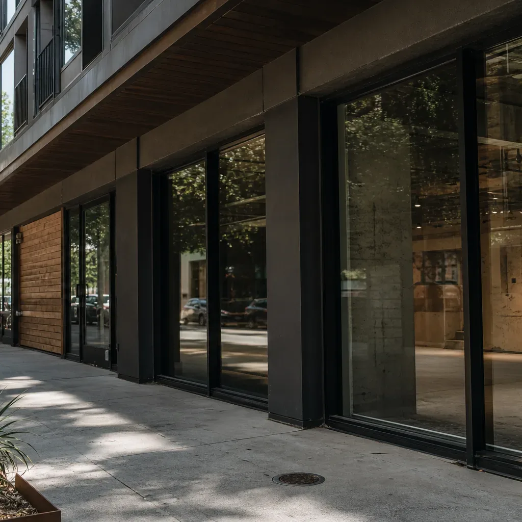 A row of ground-floor retail bays along an Austin mixed-use block shows adjacent storefronts in various states of occupancy