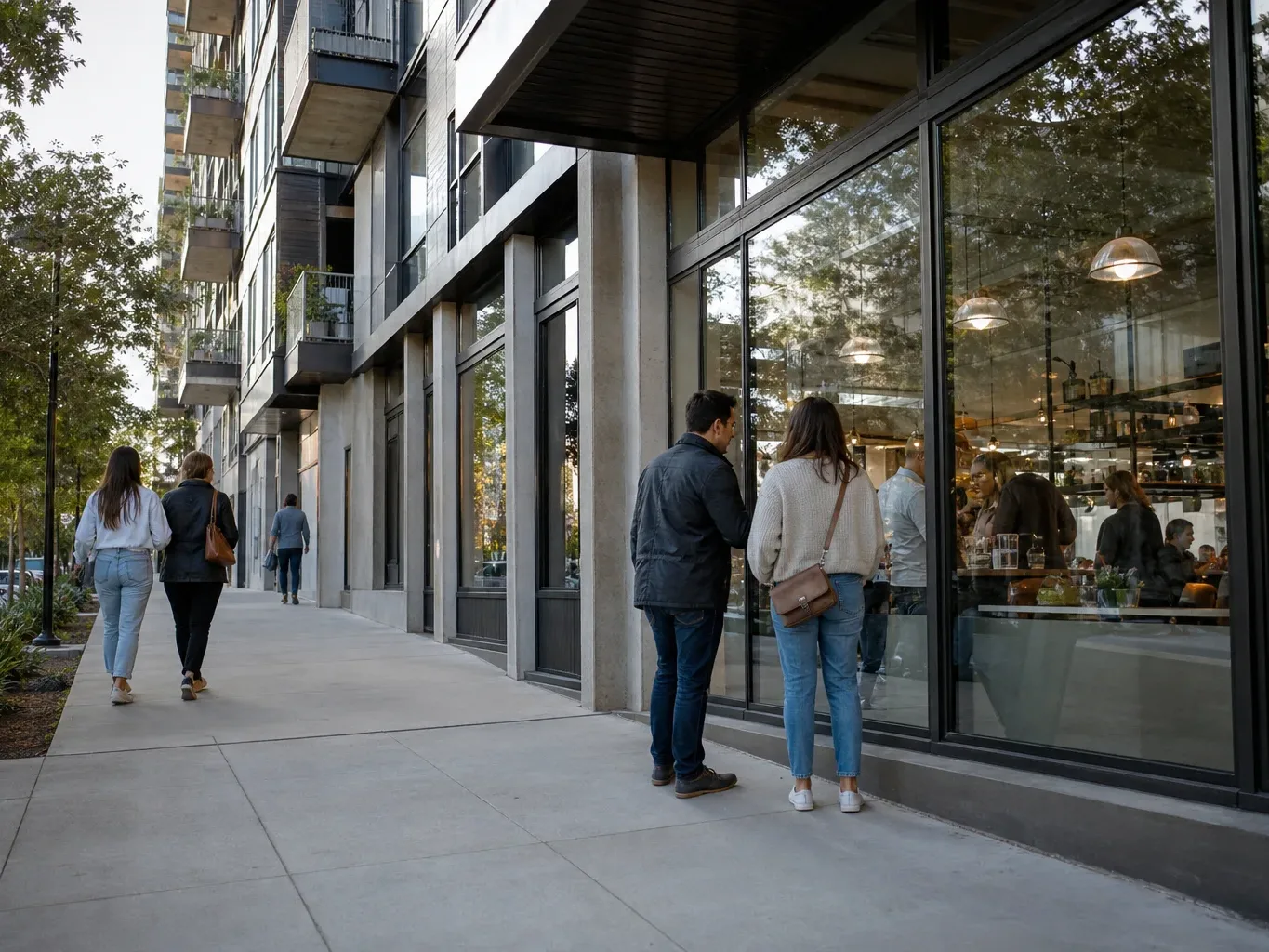 Ground-floor retail space beneath a mixed-use Austin block opens toward a pedestrian walkway