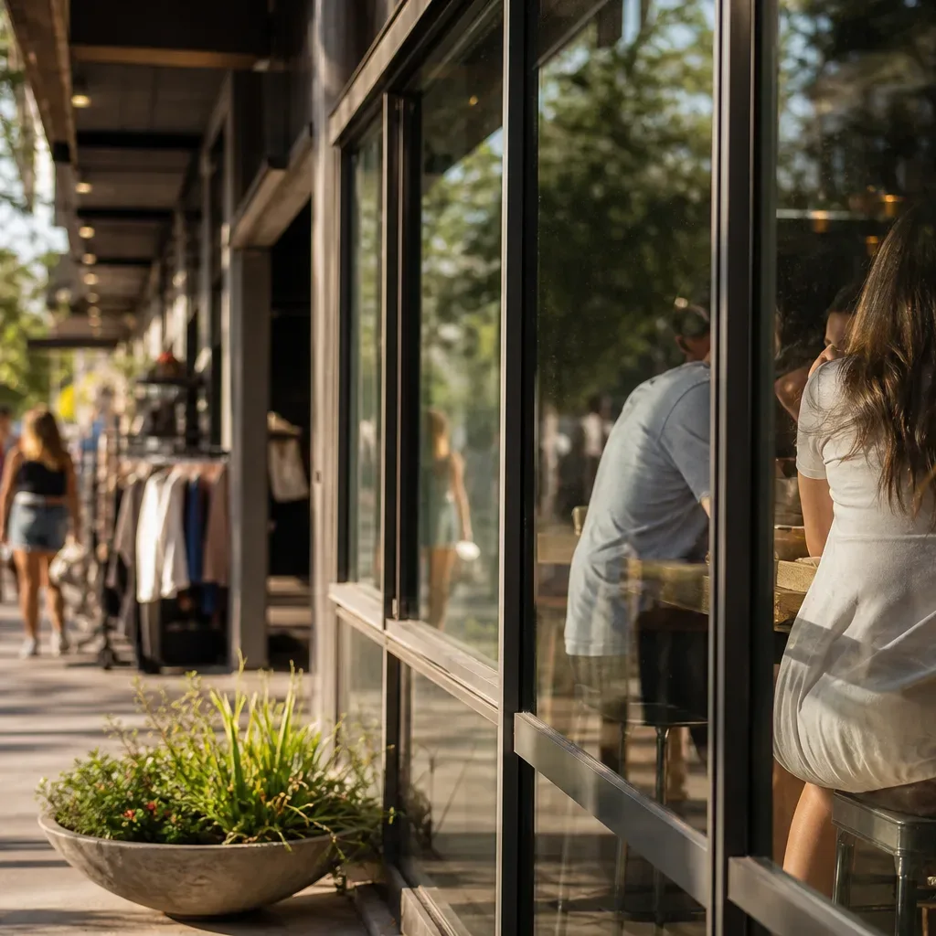 A leasing agent walks a prospective retail tenant along the ground-floor frontage of a mixed-use Austin block