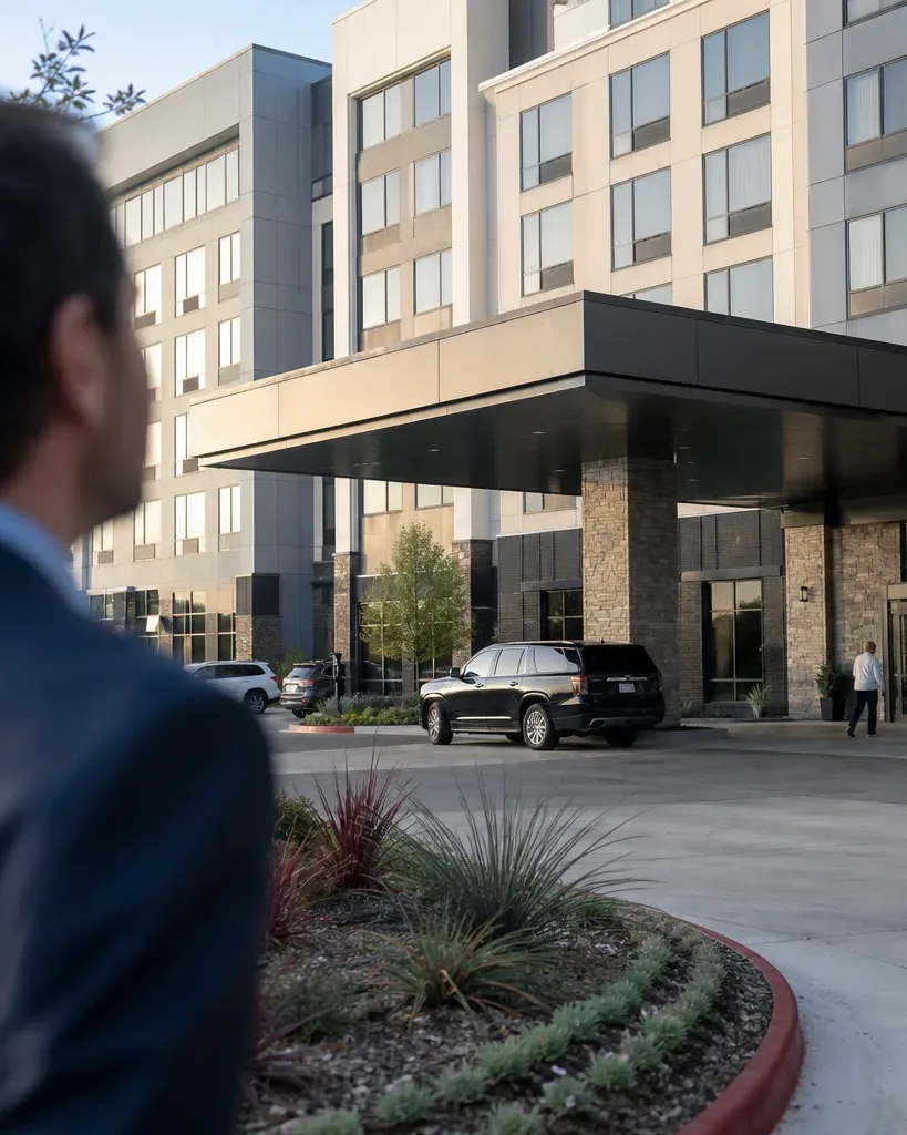 A mid-rise Austin hotel building exterior is seen from the adjacent surface lot