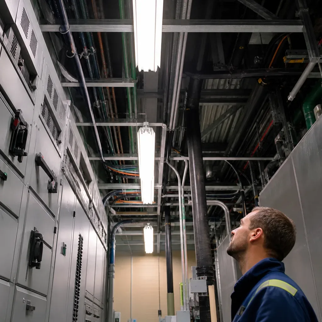 A construction manager in a hard hat inspects the mechanical room of a large Austin special-purpose building